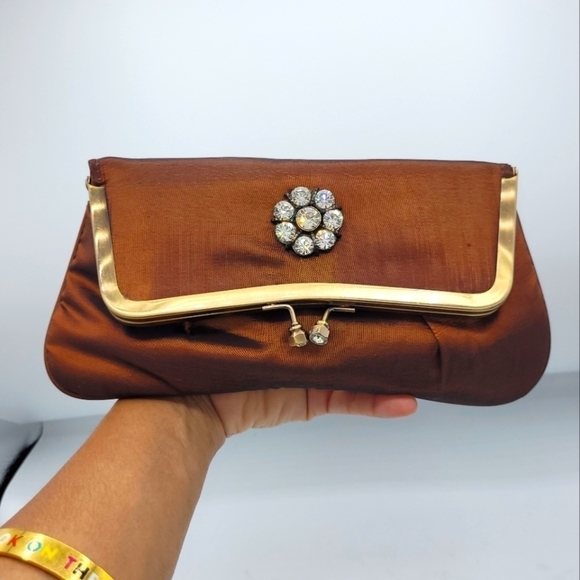 Vintage Burnt Copper Satin Fold-Over ClutchRhinestone Flower Details